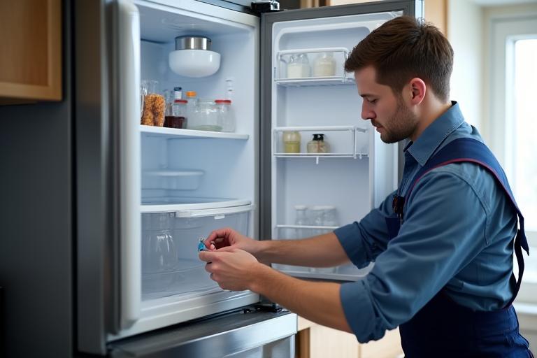 Técnico profesional reparando refrigerador